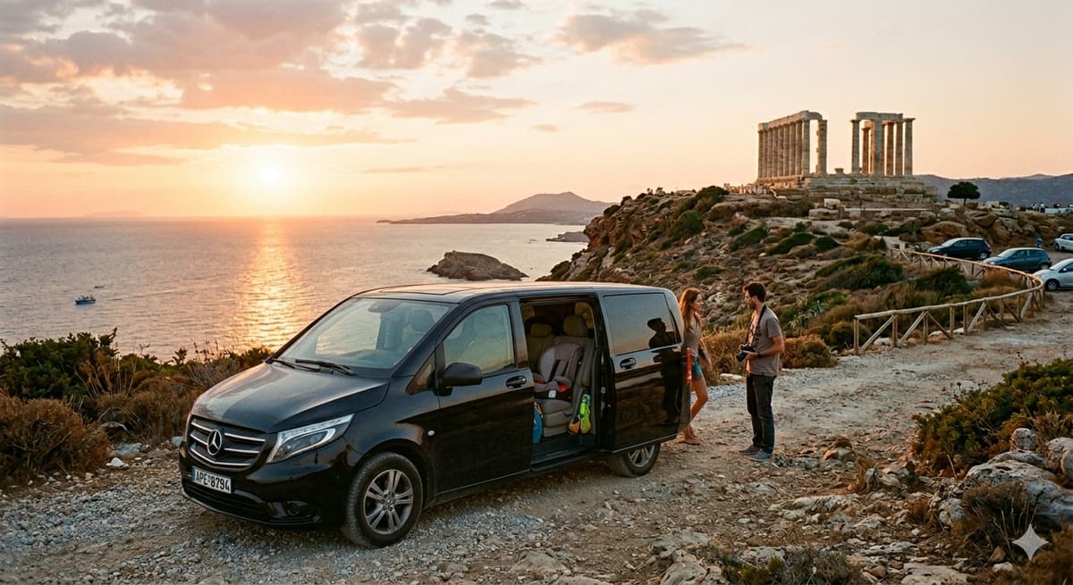 Private mini-van at Cape Sounion at golden hour with the Temple of Poseidon in the background